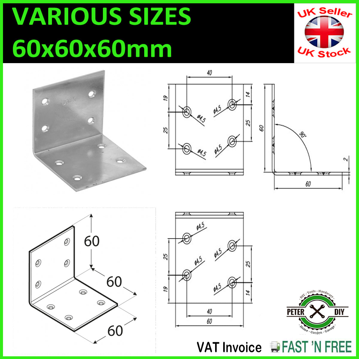 Galvanised Corner Brace 90 Degree Angle Bracket Joist Timber Mending 30/40/60mm