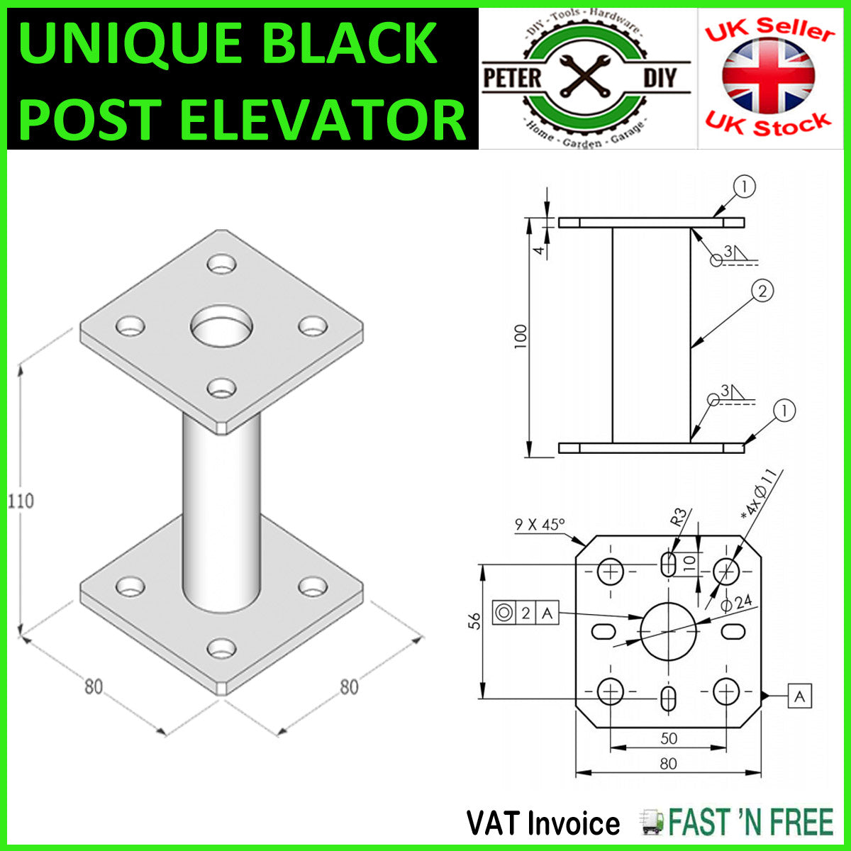 Heavy Duty UNIQUE BLACK Bolt Down BASE POST ELEVATOR Pergola Foot Base 80mm