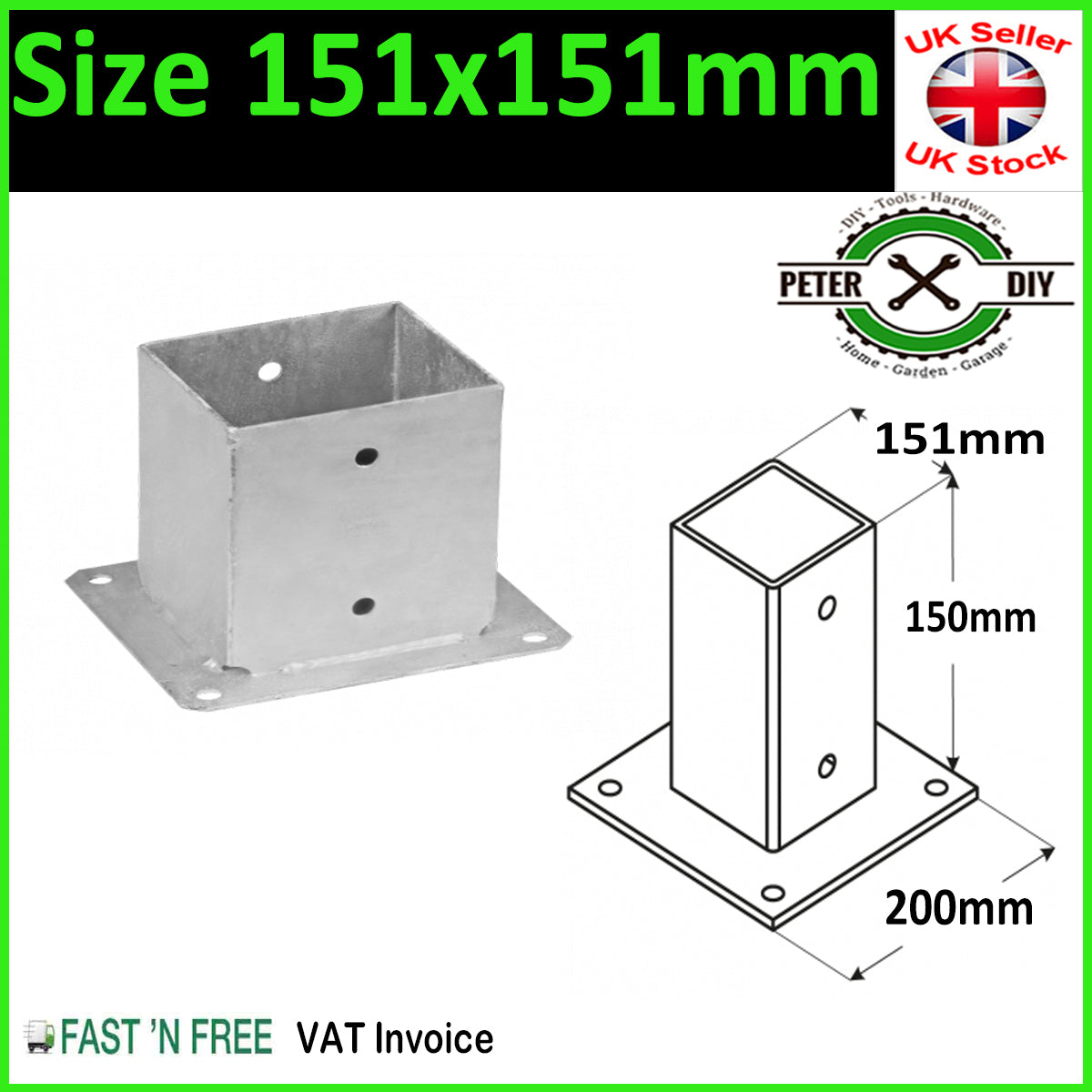 Heavy Duty Galvanised Bolt Down SQUARE POST Fence Foot Base Support 51 - 201mm