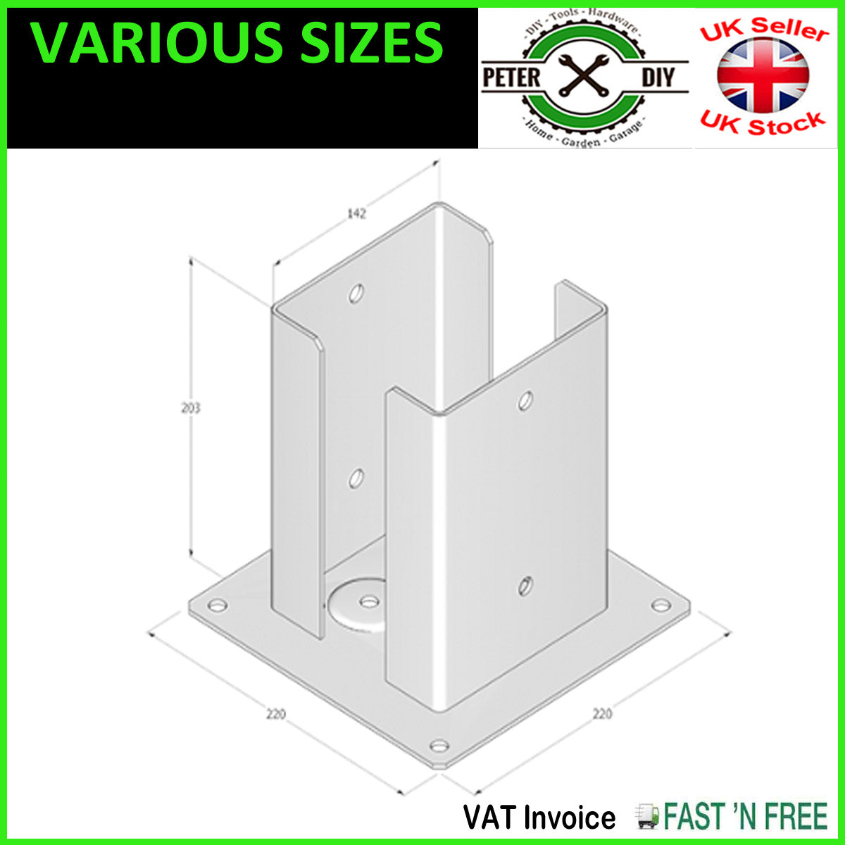 Heavy Duty Galvanised Bolt Down SQUARE POST SUPPORT Fence Foot Base 72-202mm