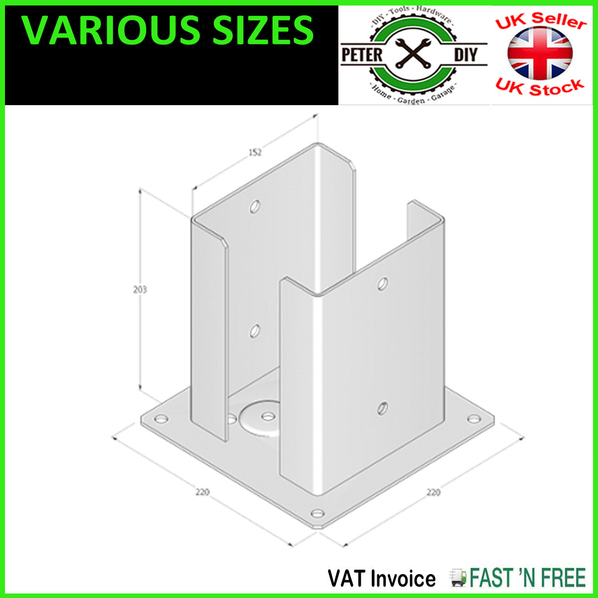 Heavy Duty Galvanised Bolt Down SQUARE POST SUPPORT Fence Foot Base 72-202mm