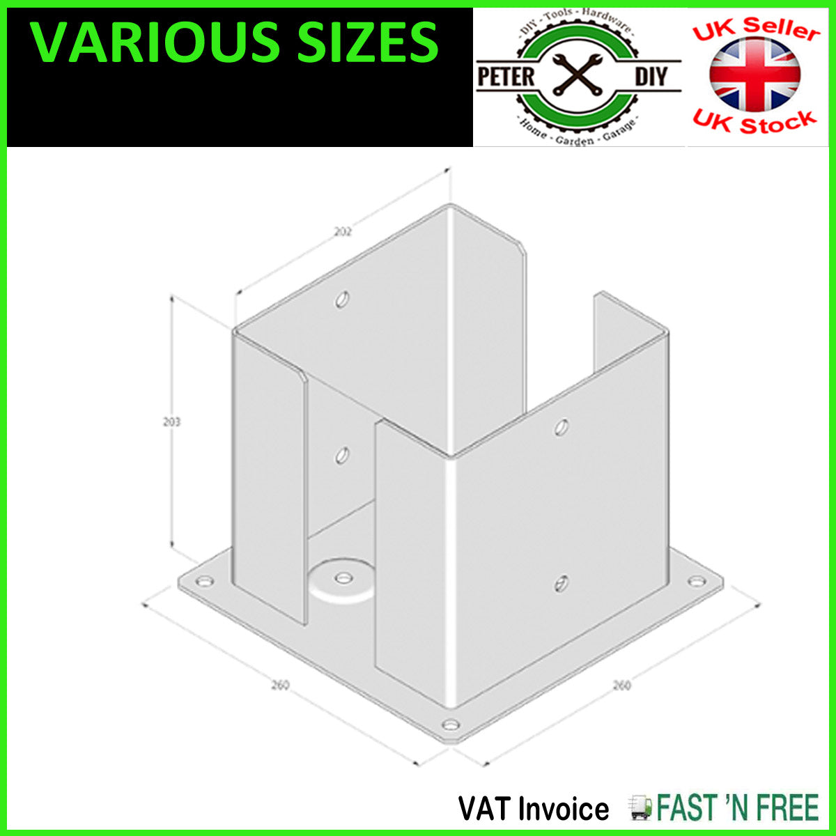 Heavy Duty Galvanised Bolt Down SQUARE POST SUPPORT Fence Foot Base 72-202mm