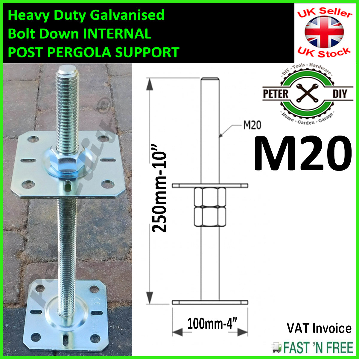 HEAVY DUTY Galvanised INTERNAL PERGOLA SUPPORT Adjustable 250mm 10" M20