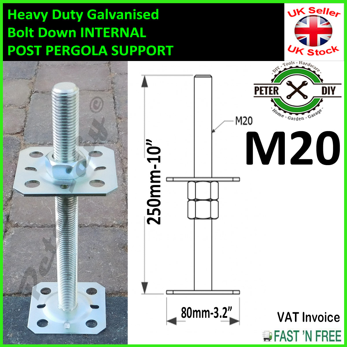 HEAVY DUTY Galvanised INTERNAL PERGOLA SUPPORT Adjustable 250mm 10" M20