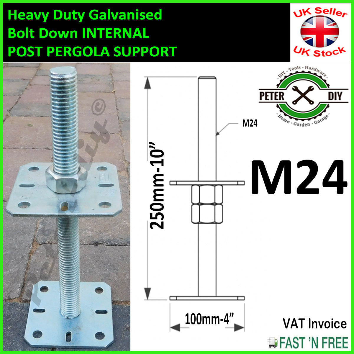 HEAVY DUTY Galvanised INTERNAL PERGOLA SUPPORT Adjustable 250mm 10" M24