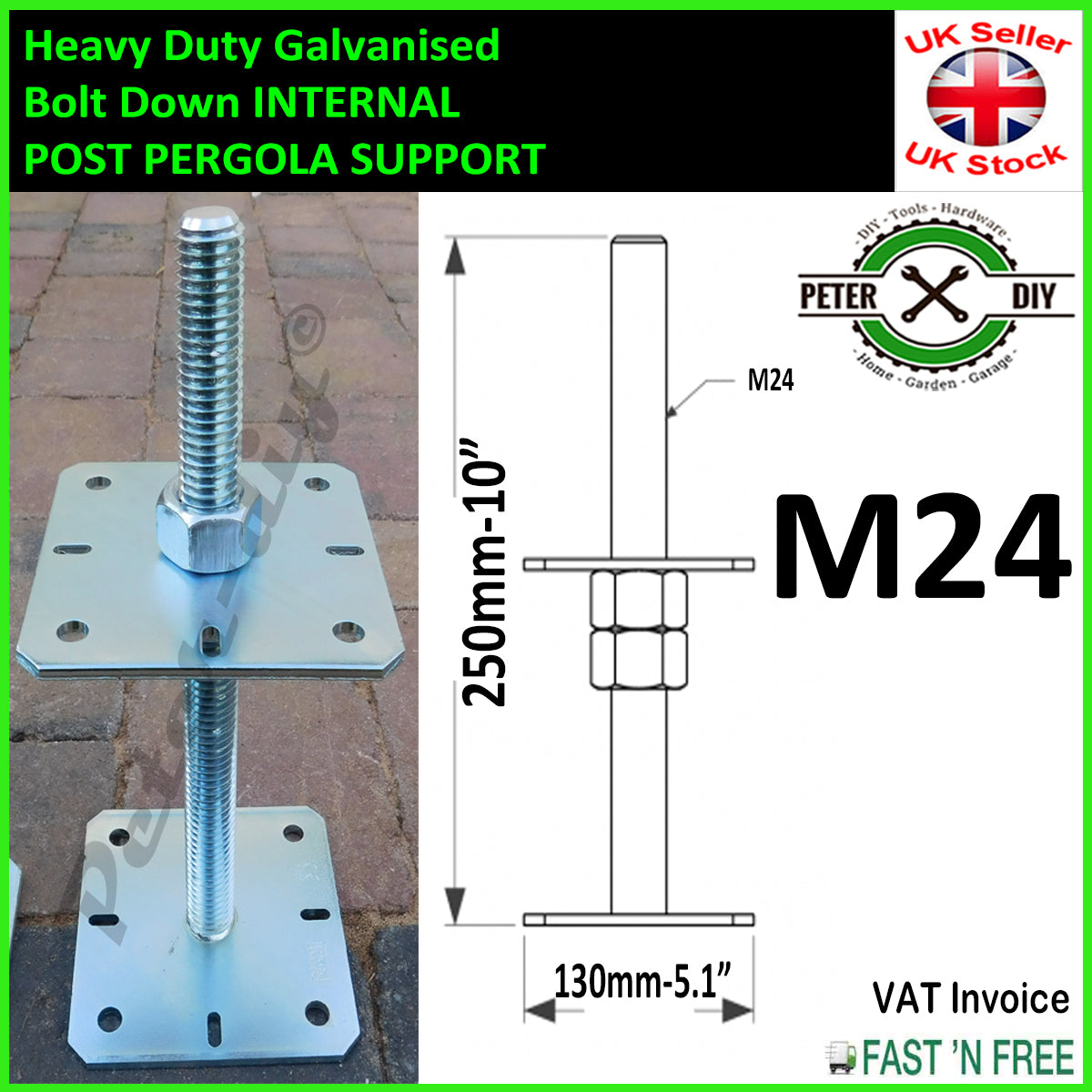 HEAVY DUTY Galvanised INTERNAL PERGOLA SUPPORT Adjustable 250mm 10" M24