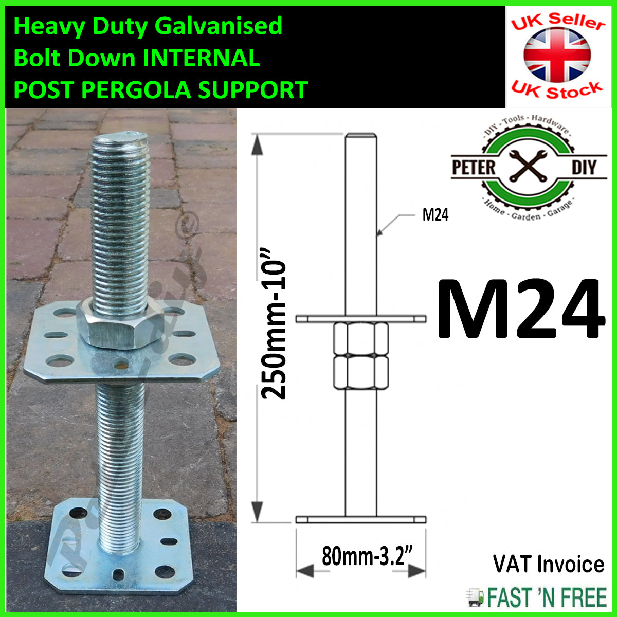 HEAVY DUTY Galvanised INTERNAL PERGOLA SUPPORT Adjustable 250mm 10" M24