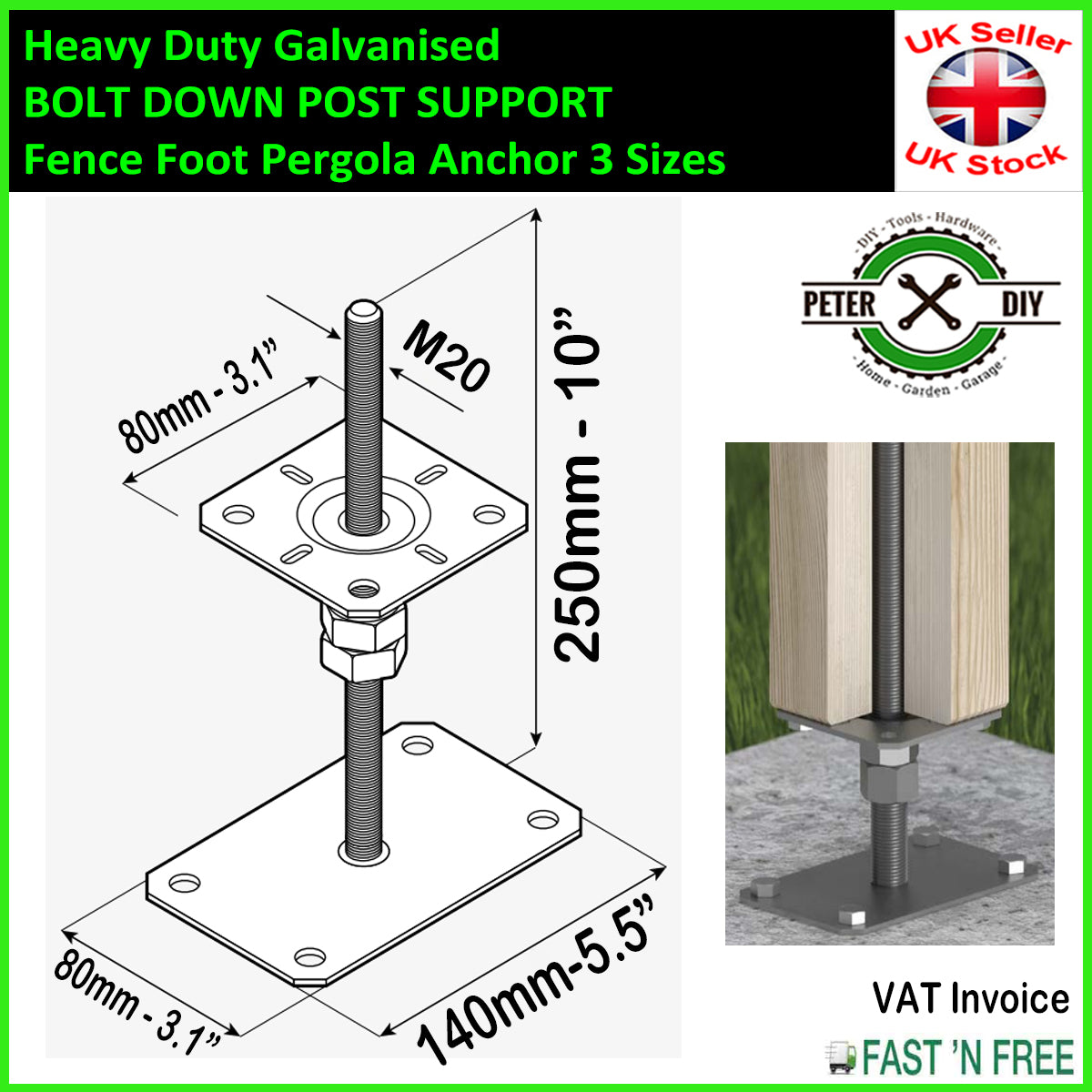 Heavy Duty Galvanised BOLT DOWN POST SUPPORT Fence Foot Pergola Anchor 3 Sizes