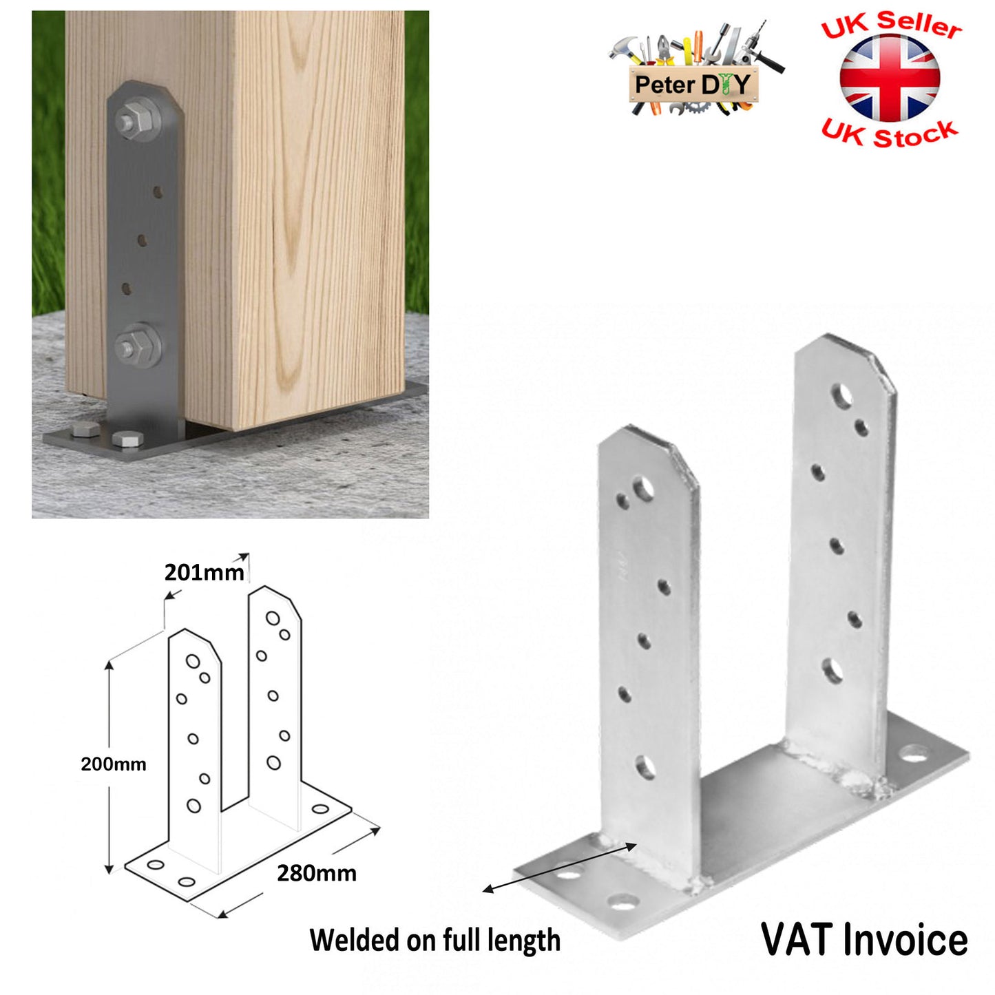 PERGOLA POST SUPPORT Heavy Duty Galvanised ("TT" Type) Foot Shoe Fence Thick:5mm