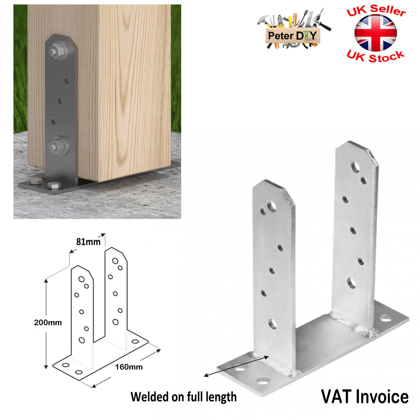 PERGOLA POST SUPPORT Heavy Duty Galvanised ("TT" Type) Foot Shoe Fence Thick:5mm