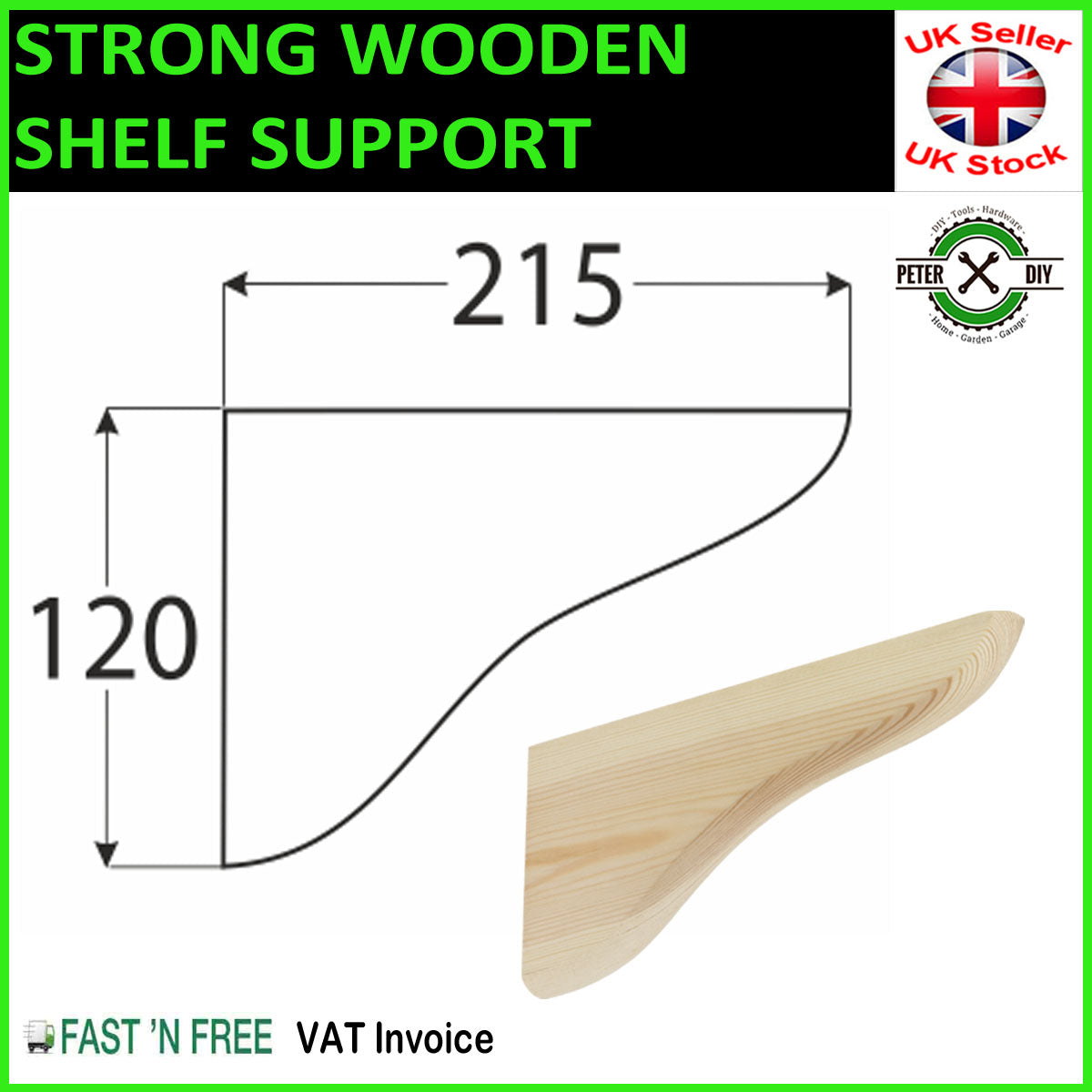 WOODEN Shelf Supports BRACKETS 20mm Pine 2 Sizes 165x95mm or 215x120mm