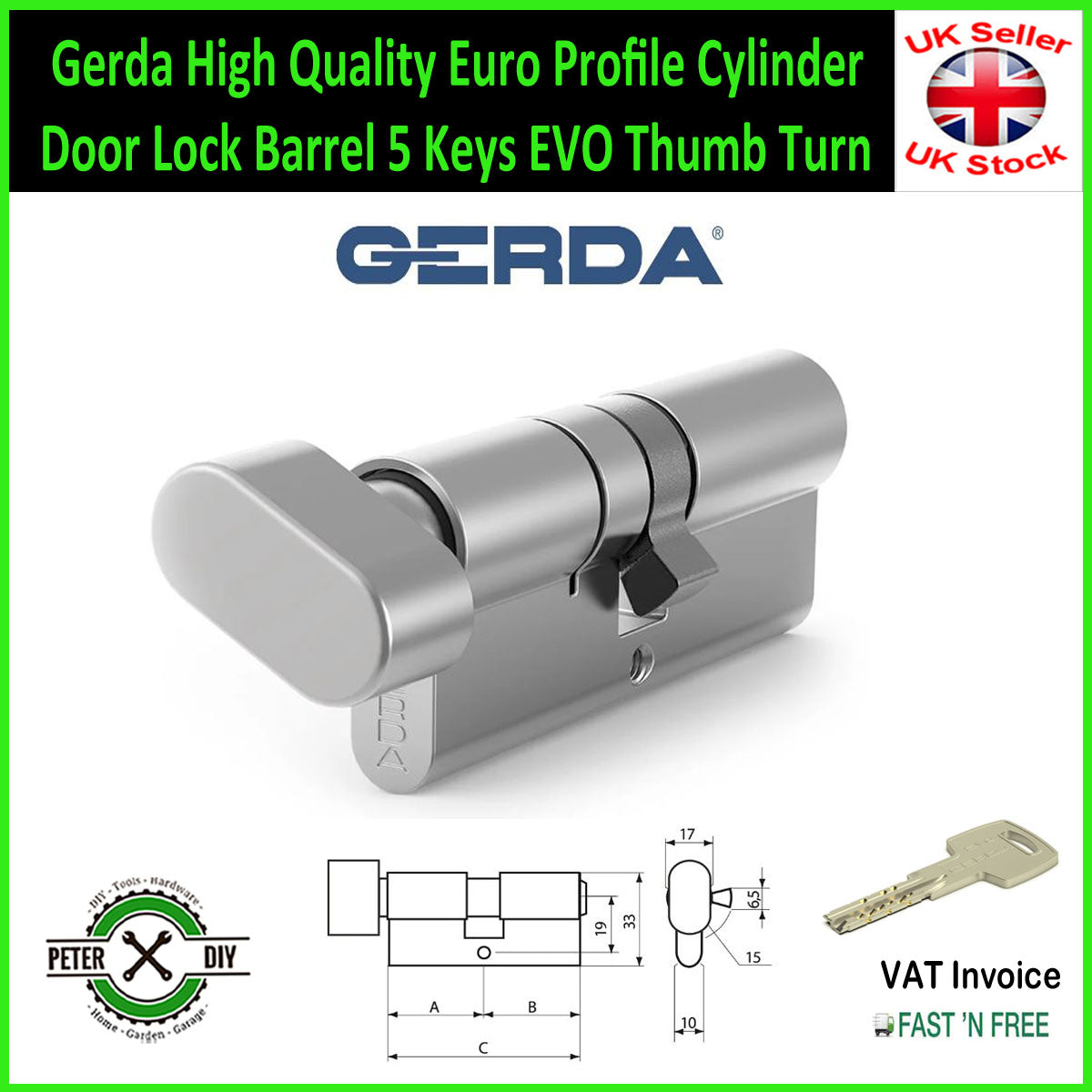 Gerda High Quality Euro Profile Cylinder Door Lock Barrel 5 Keys EVO Thumb Turn