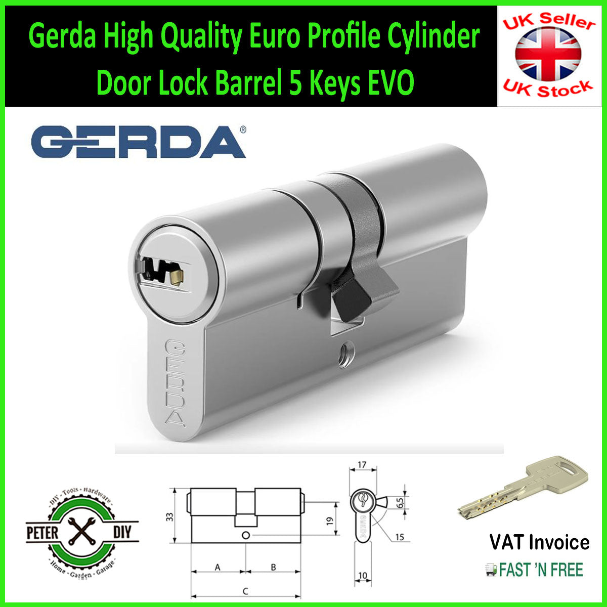 Gerda High Quality Euro Profile Cylinder Door Lock Barrel 5 Keys EVO