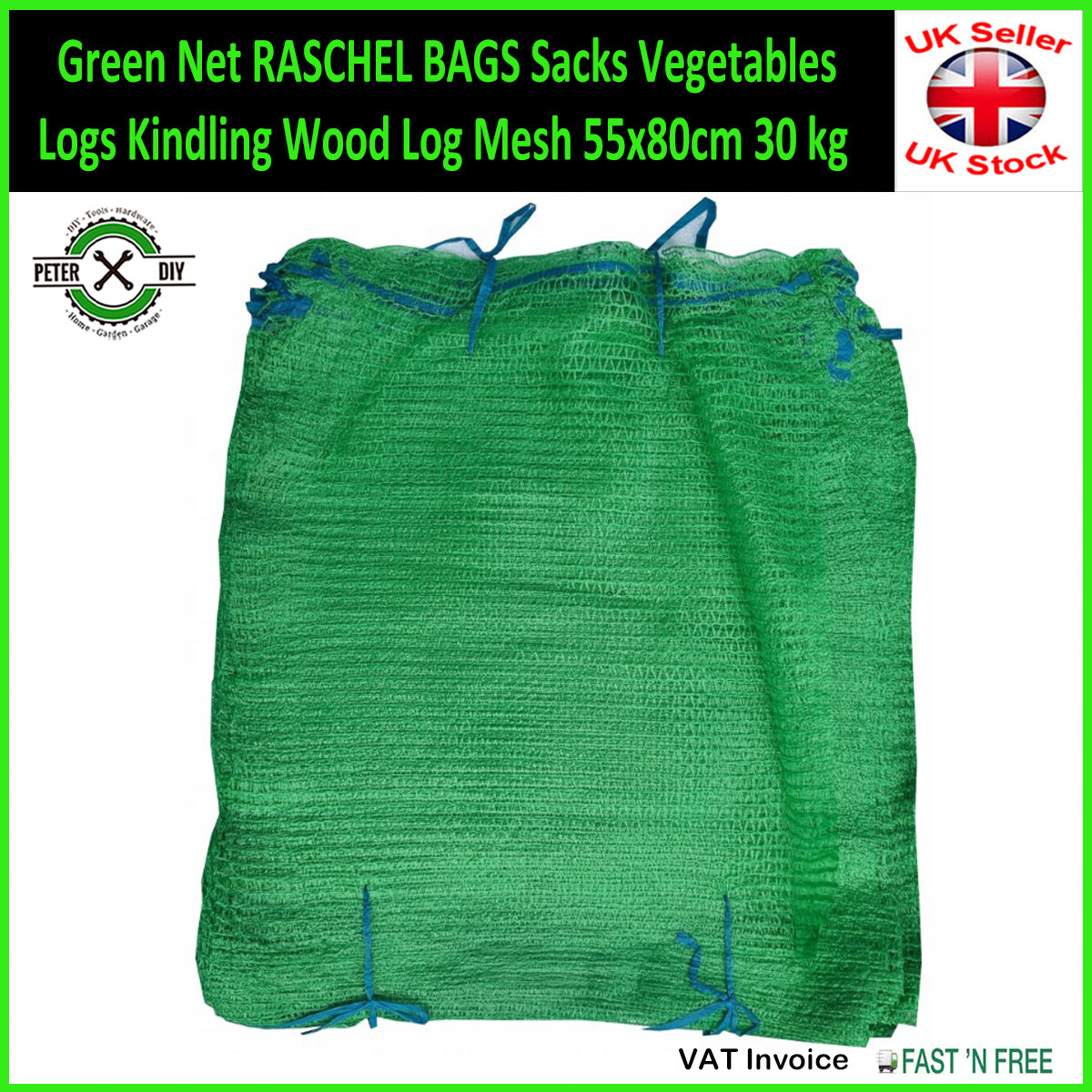 Green Net Raschel Bags Sacks Vegetables Logs Kindling Wood Log Mesh 55x80cm Up to 30kg