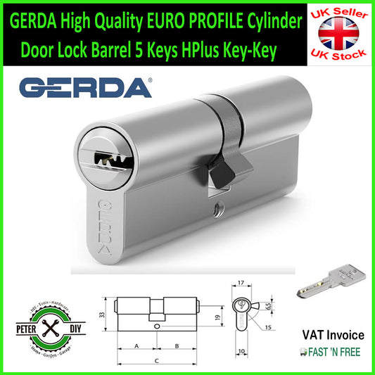 GERDA High Quality EURO PROFILE Cylinder Door Lock Barrel 5 Keys HPlus Key-Key