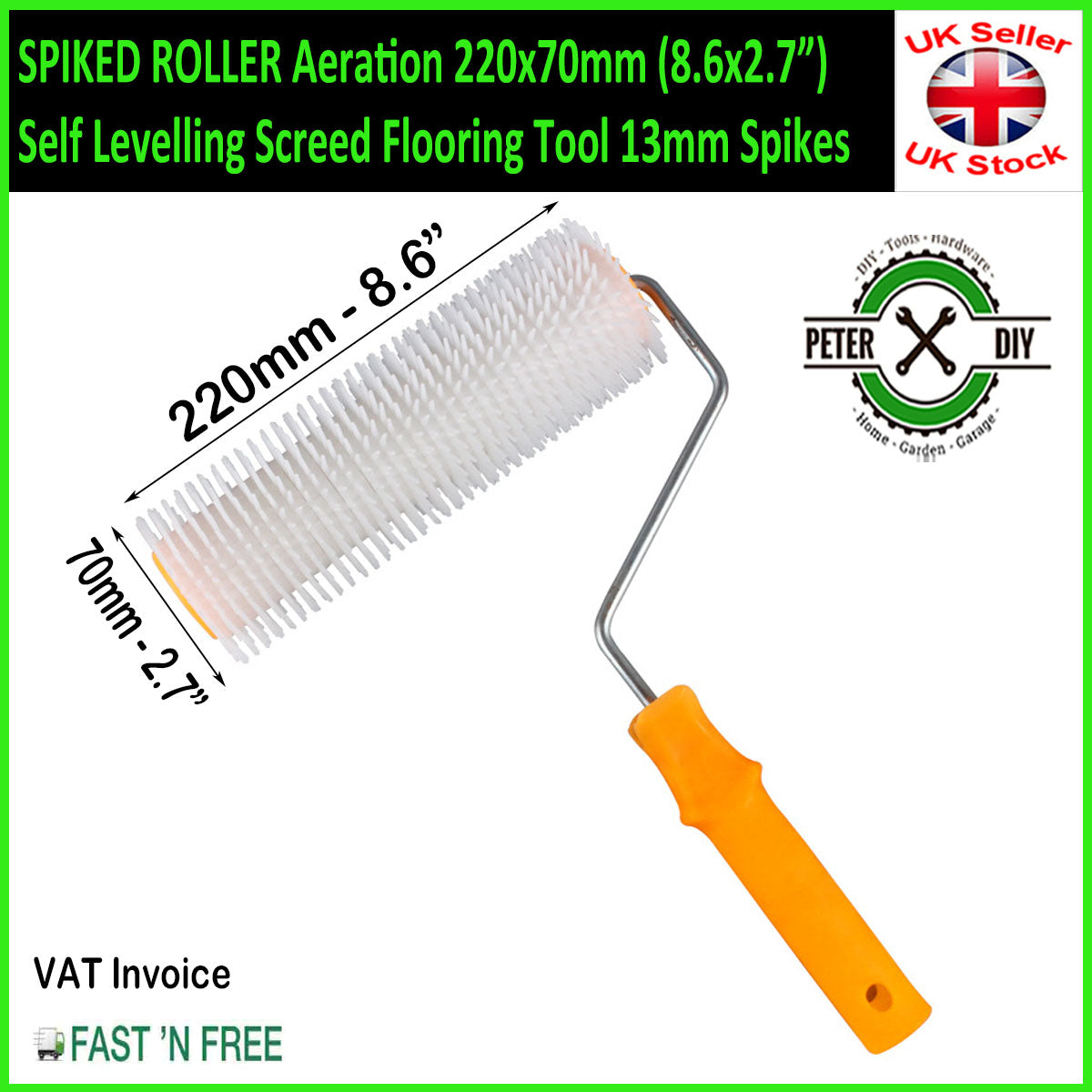 SPIKED ROLLER Aeration 220x70mm Self Levelling Screed Flooring Tool 13mm Spikes