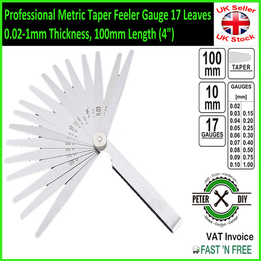 Professional Metric Taper Feeler Gauge, 17 Leaves, 0.02-1mm, 100mm (4")