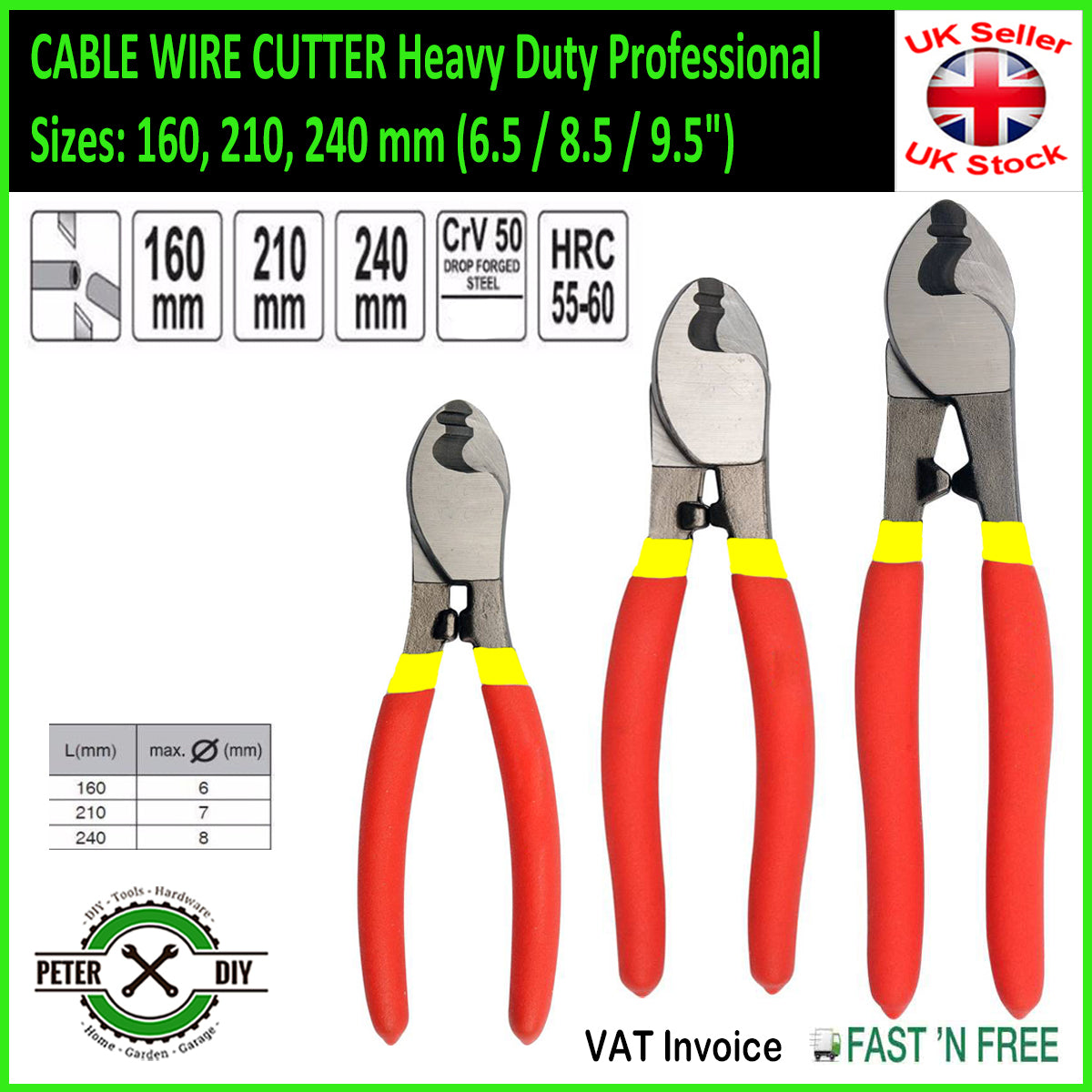 CABLE WIRE CUTTER Heavy Duty Professional Sizes 160, 210, 240 mm (6.5 ...
