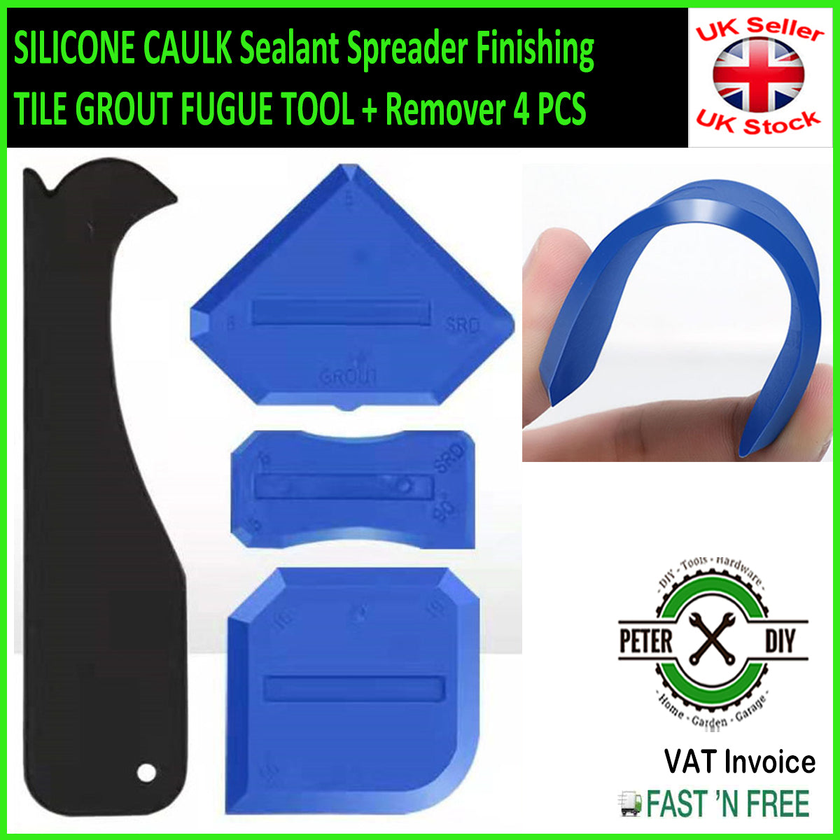 SILICONE CAULK Sealant Spreader Finishing TILE GROUT FUGUE TOOL + Remover 4 PCS