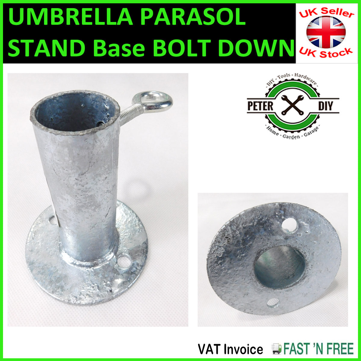 UMBRELLA PARASOL STAND Base BOLT DOWN ROUND Holder Galvanised 39 x 107mm