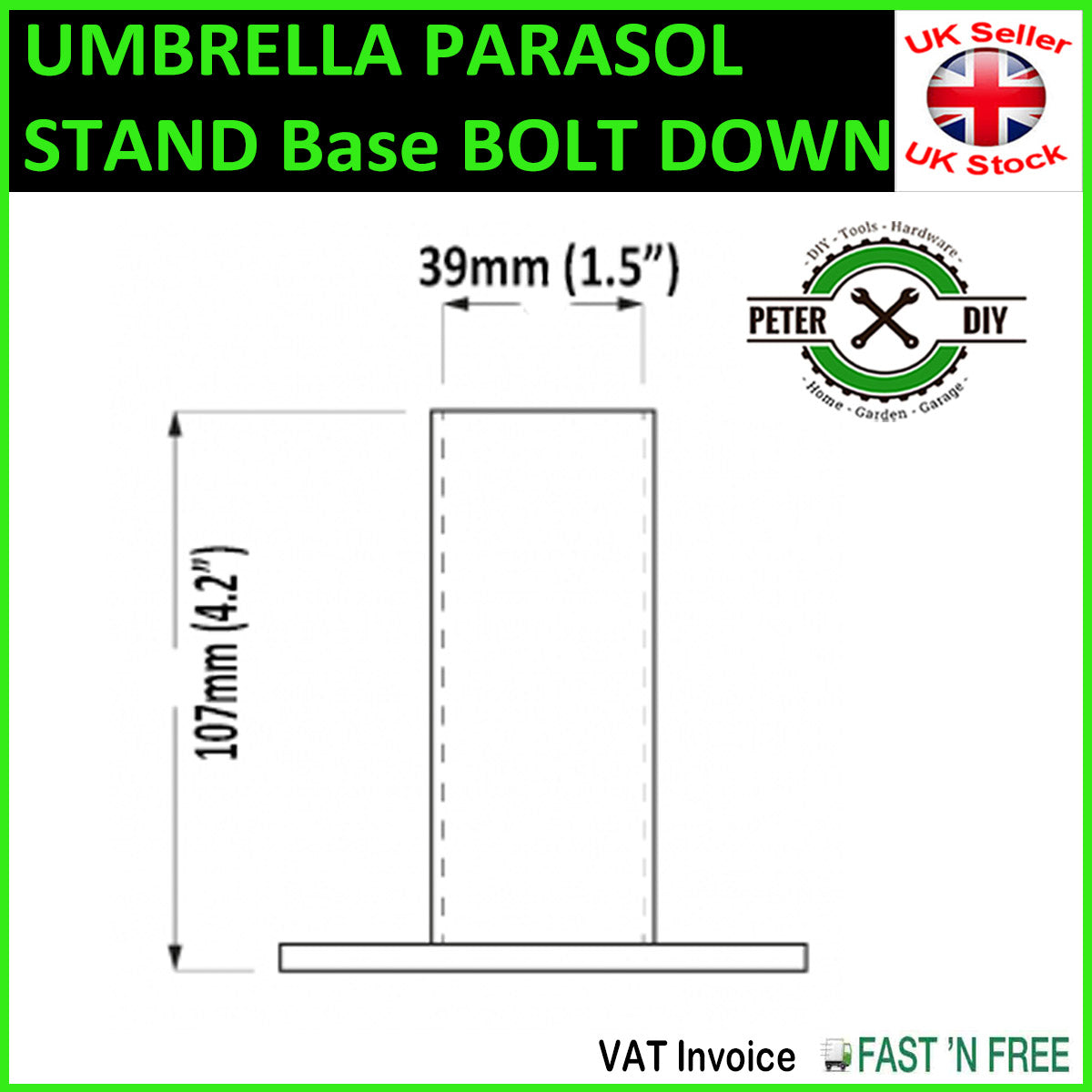 UMBRELLA PARASOL STAND Base BOLT DOWN ROUND Holder Galvanised 39 x 107mm