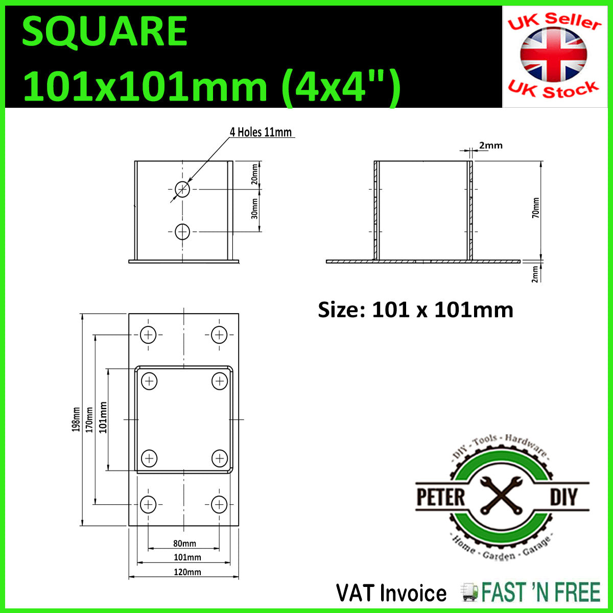 POST SUPPORT HOLDER Galvanised Bolt Down SQUARE Pergola Fence Foot Base 51-101mm