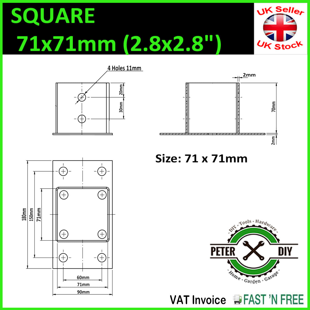 POST SUPPORT HOLDER Galvanised Bolt Down SQUARE Pergola Fence Foot Base 51-101mm