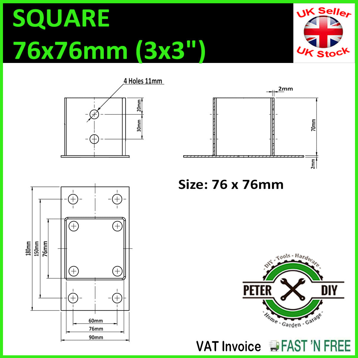 POST SUPPORT HOLDER Galvanised Bolt Down SQUARE Pergola Fence Foot Base 51-101mm