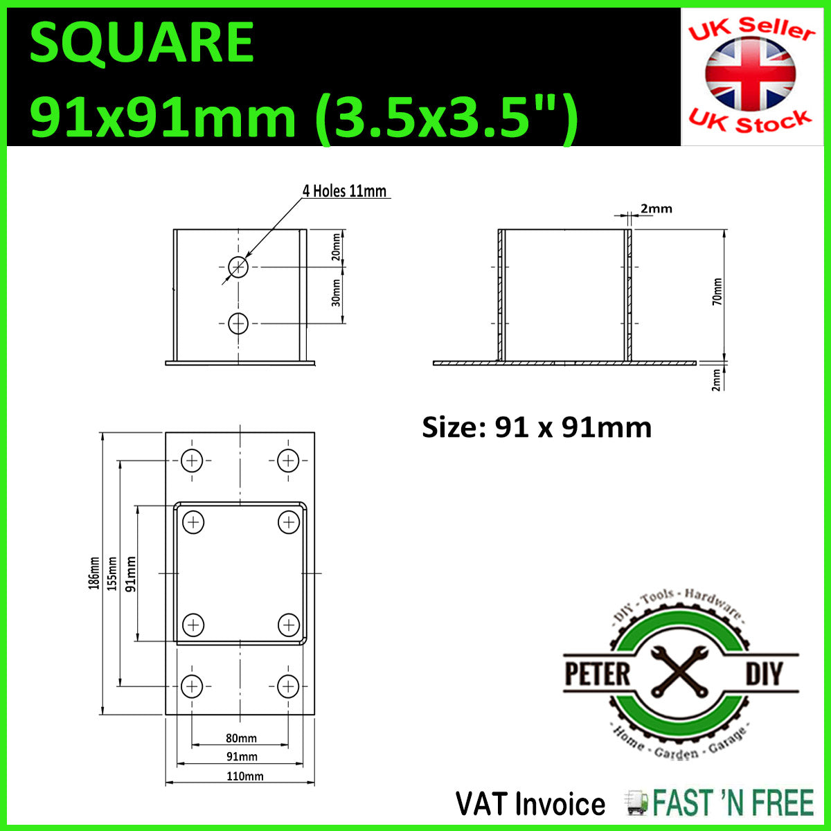 POST SUPPORT HOLDER Galvanised Bolt Down SQUARE Pergola Fence Foot Base 51-101mm