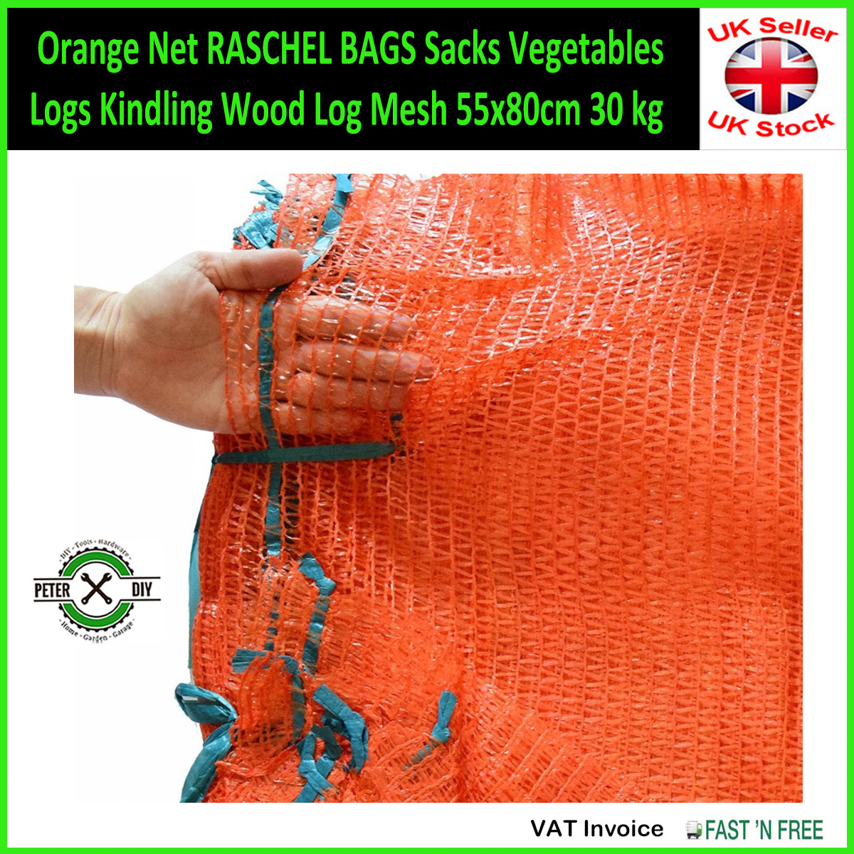 Orange Net Raschel Bags Sacks Vegetables Logs Kindling Wood Log Mesh 55x80cm Up to 30kg