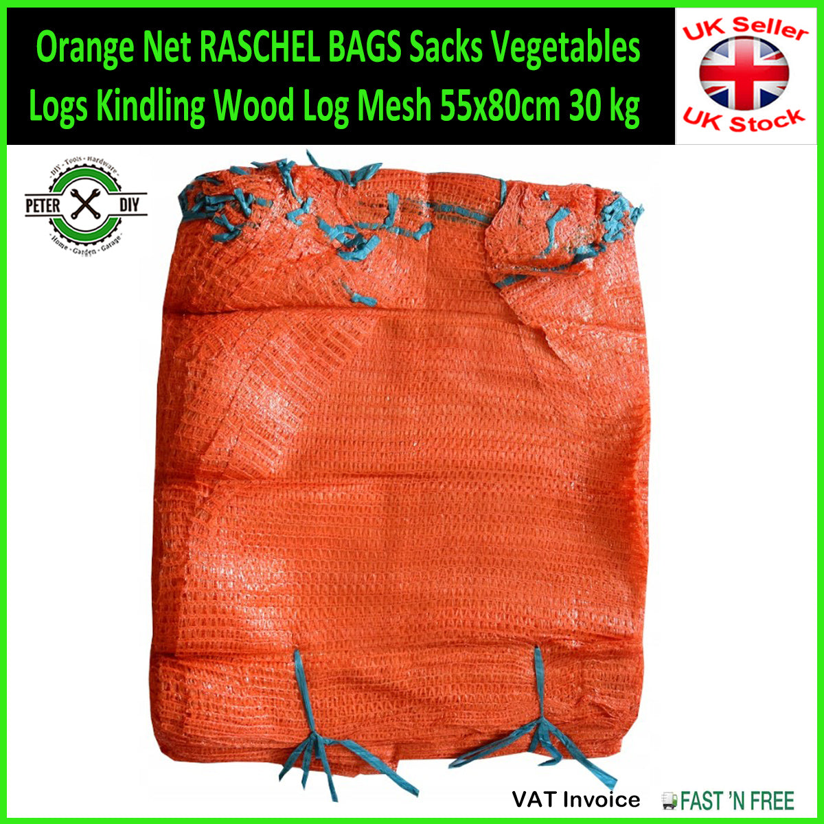 Orange Net Raschel Bags Sacks Vegetables Logs Kindling Wood Log Mesh 55x80cm Up to 30kg