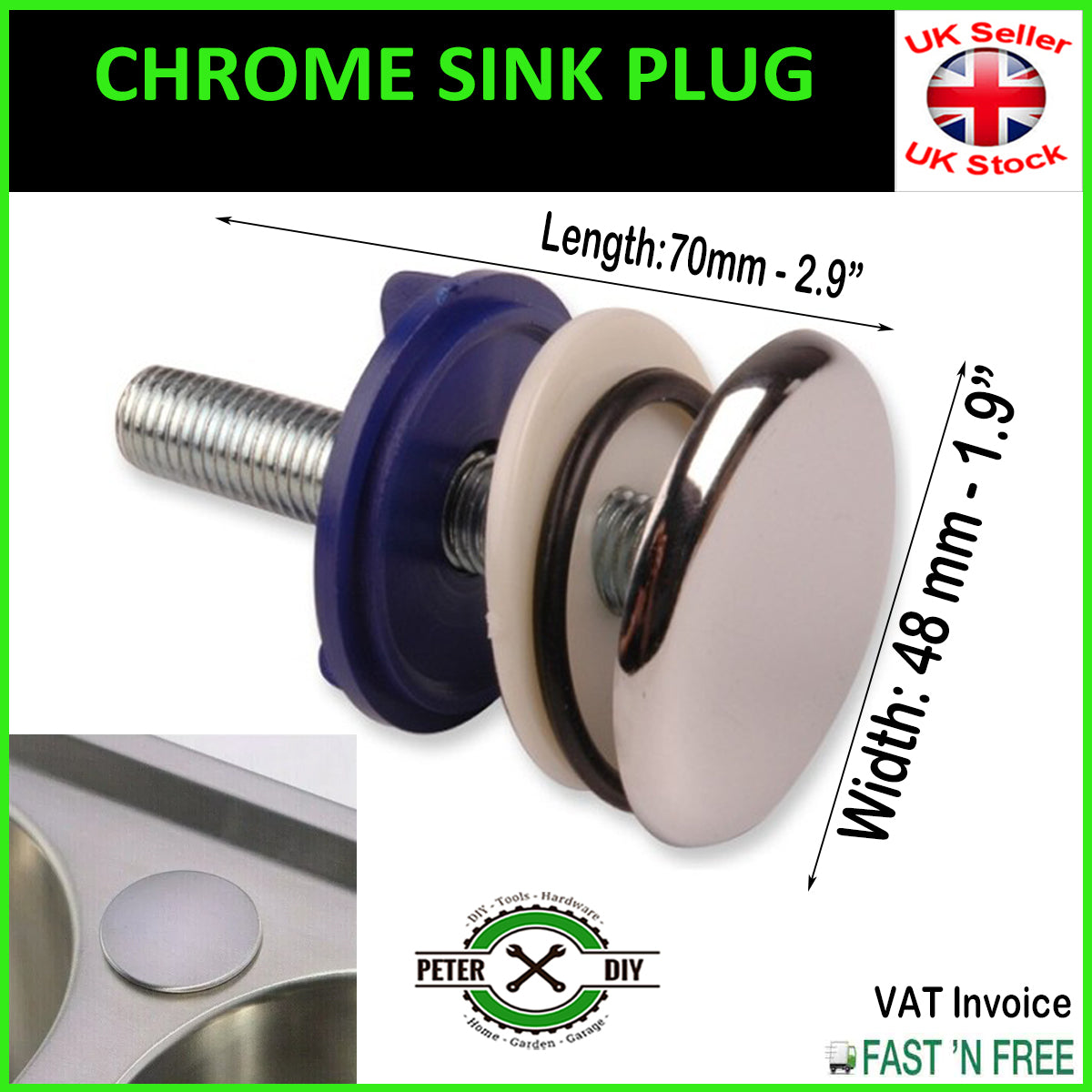 CHROME PLUG Kitchen Sink Tap Hole Blanking Metal Plate Stopper Cover 48mm - 1.9"