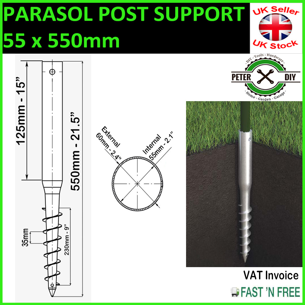 PARASOL POST Spike Fence Support GROUND SCREW Holder Anchor ROUND 55 or 65 mm