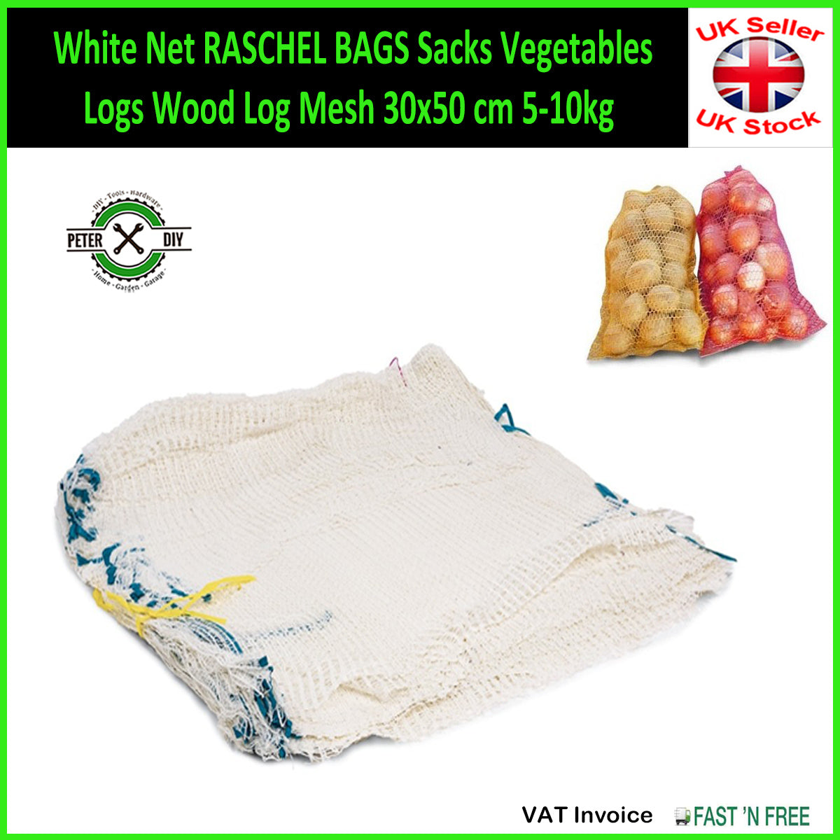 White Net Raschel Bags Sacks Vegetables Logs Wood Log Mesh 30x50 cm 5-10kg