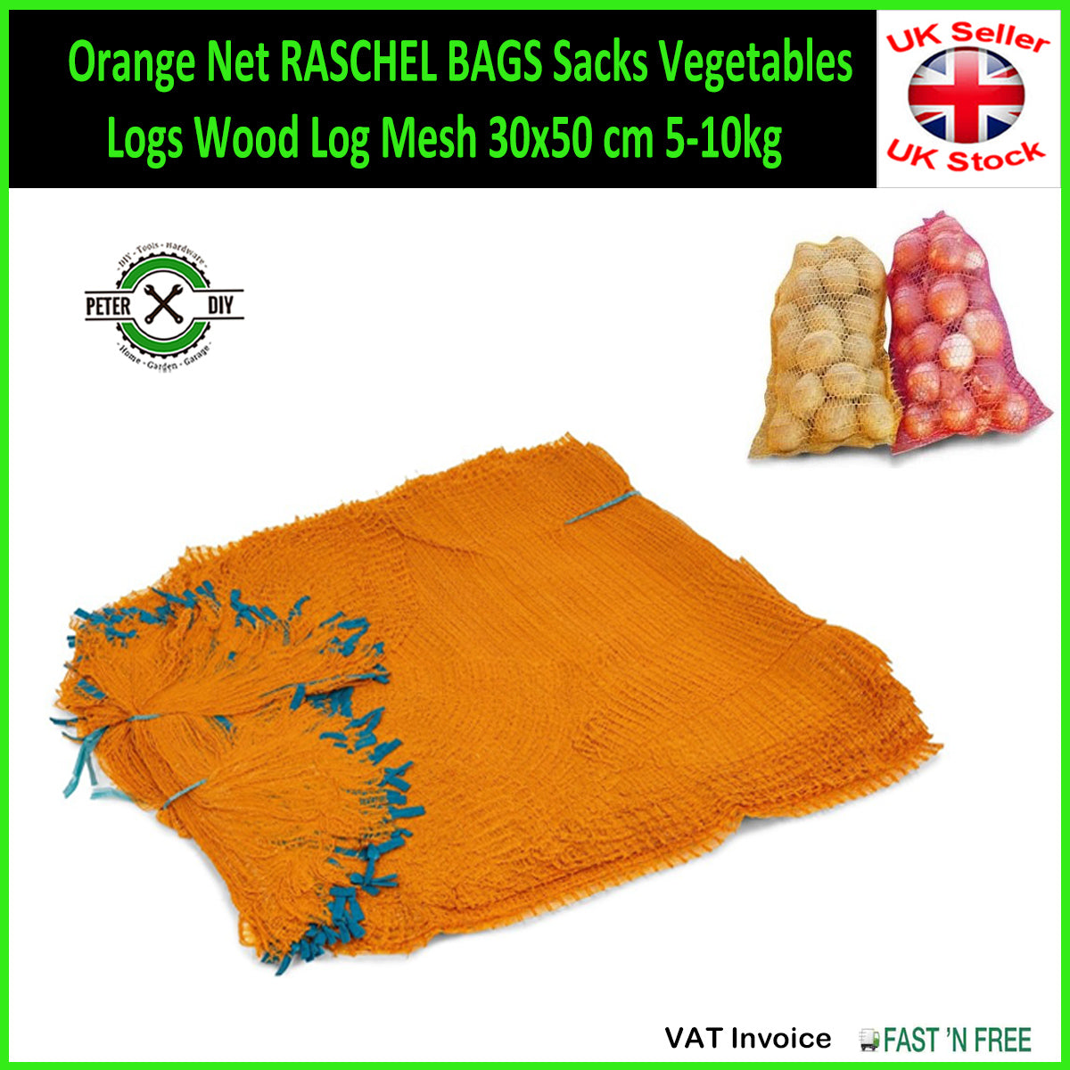 Orange Net Raschel Bags Sacks Vegetables Logs Wood Log Mesh 30x50 cm 5-10kg