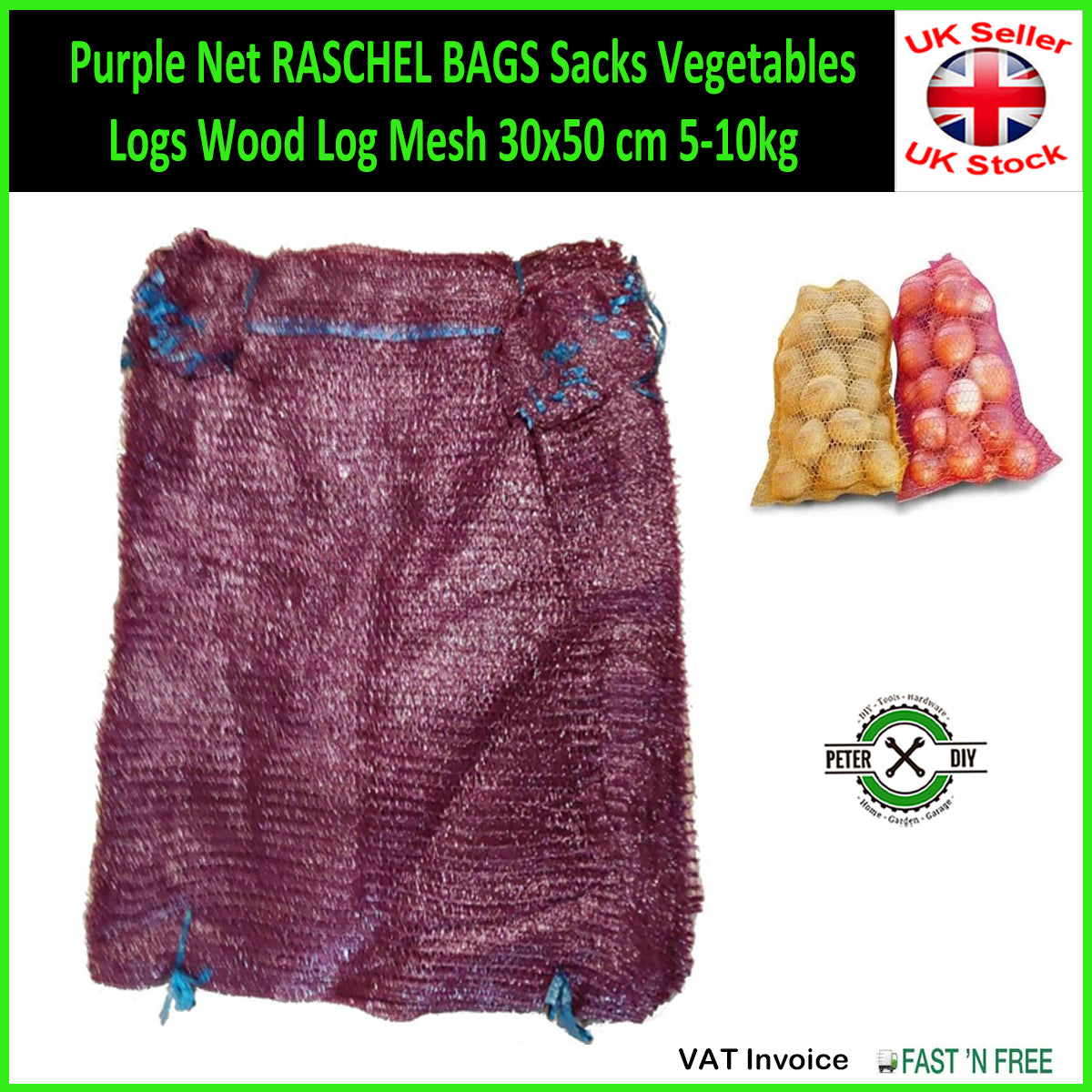 Purple Net Raschel Bags Sacks Vegetables Logs Wood Log Mesh 30x50 cm 5-10kg