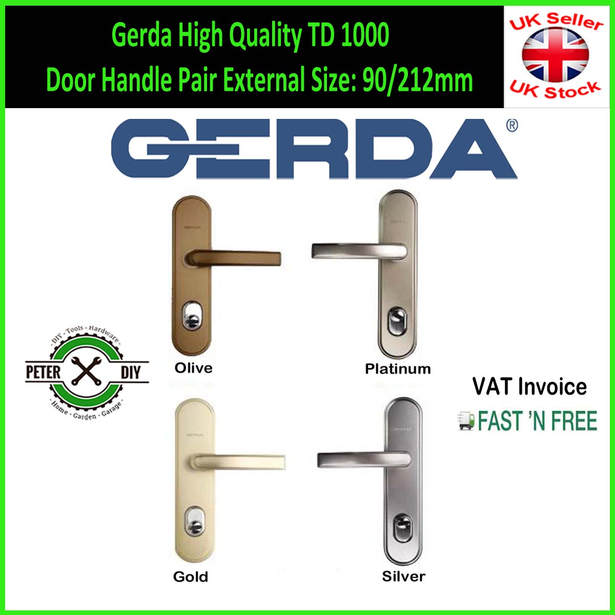 Gerda High Quality TD 1000 Door Handle Pair External Size: 90/212mm