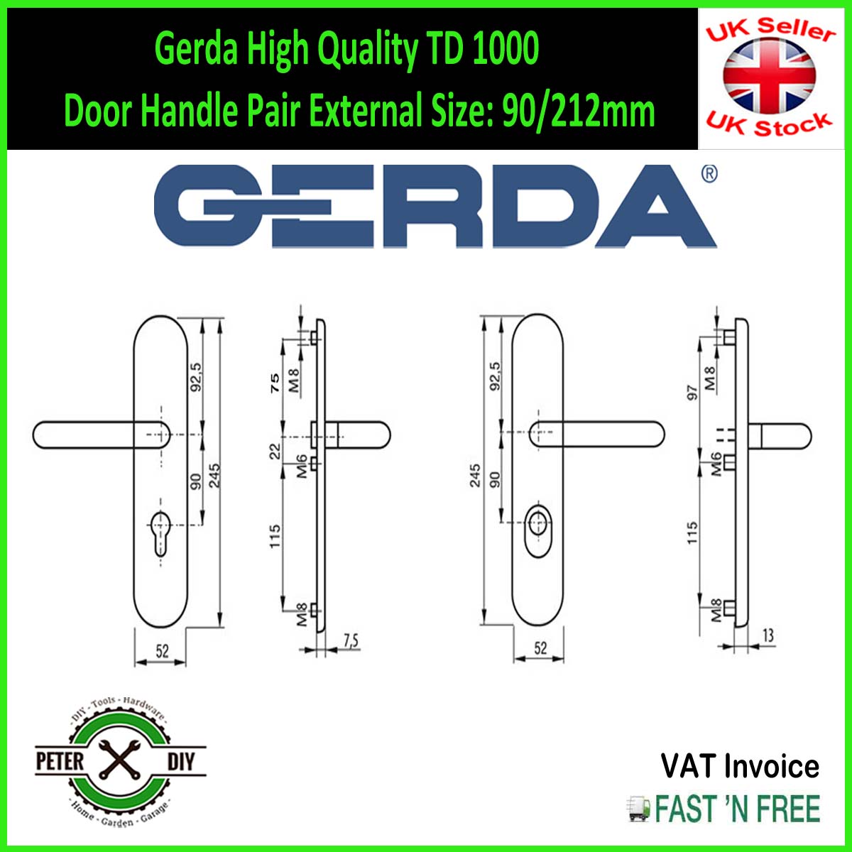 Gerda High Quality TD 1000 Door Handle Pair External Size: 90/212mm