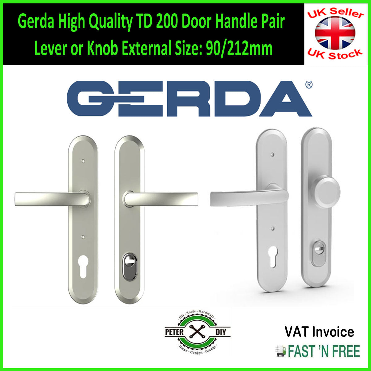 Gerda High Quality TD 200 Door Handle Pair Lever or Knob External Size: 90/212mm