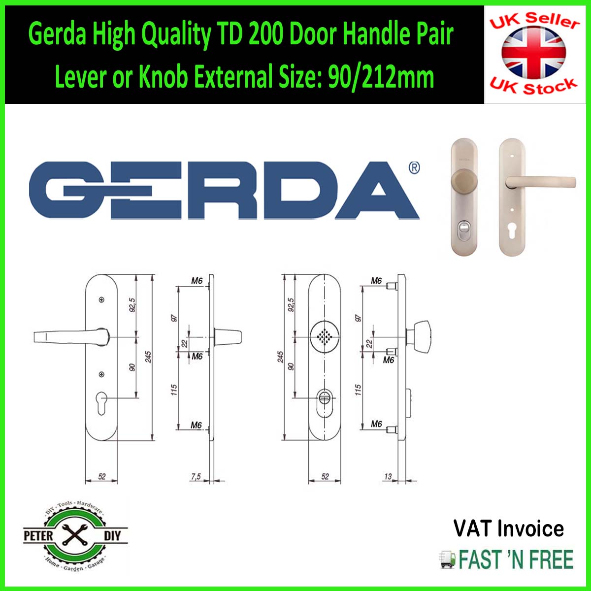 Gerda High Quality TD 200 Door Handle Pair Lever or Knob External Size: 90/212mm