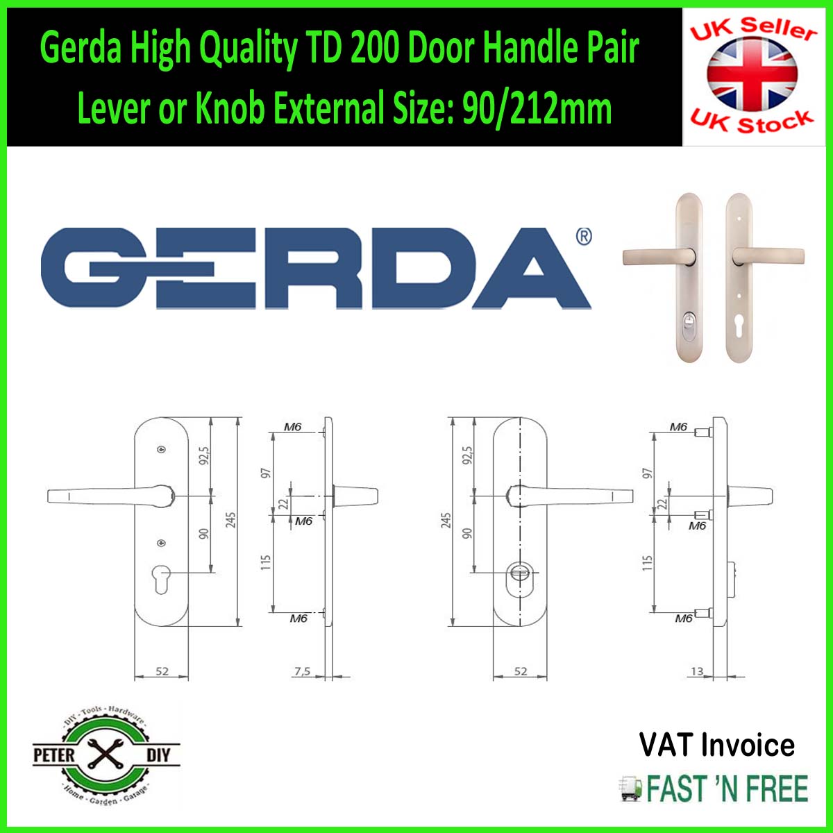 Gerda High Quality TD 200 Door Handle Pair Lever or Knob External Size: 90/212mm