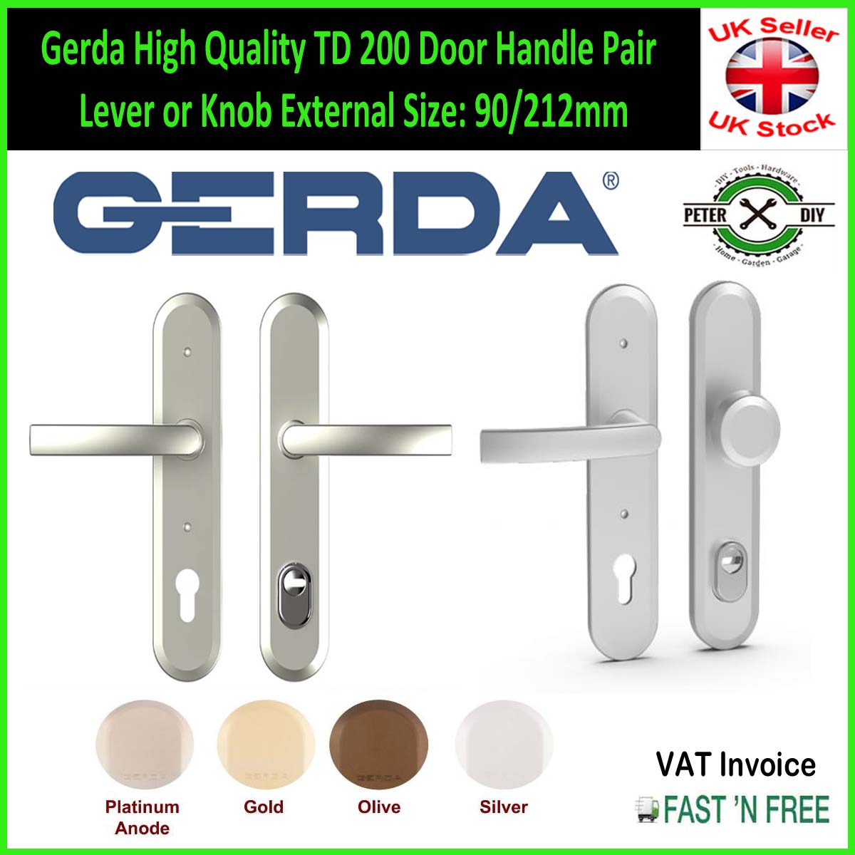 Gerda High Quality TD 200 Door Handle Pair Lever or Knob External Size: 90/212mm