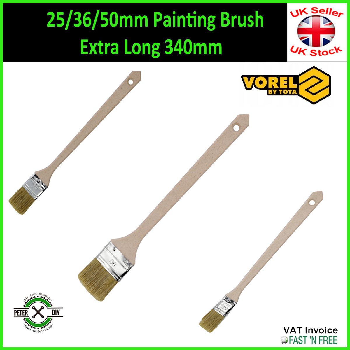 25/36/50mm Extra Long 340mm Wooden Radiator Brush ANGLED HEADS Painting Brushes