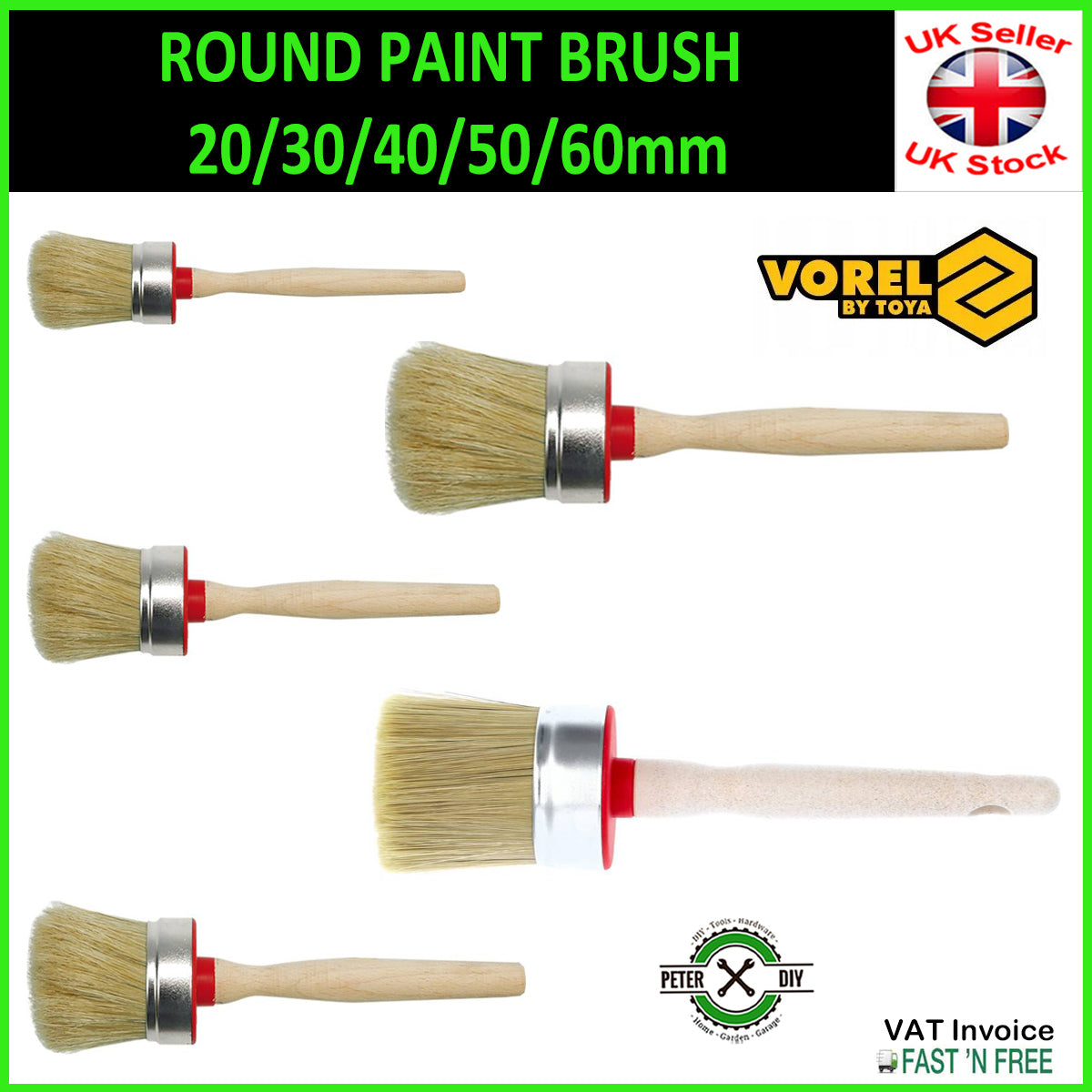 ROUND PAINT BRUSH 20 30 40 50 60mm Shabby Chic Chalk Paint Pure Bristle Brushes