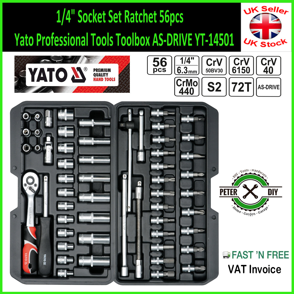 1/4" Socket Set Ratchet 56pcs Yato Professional Tools Toolbox AS-DRIVE YT-14501