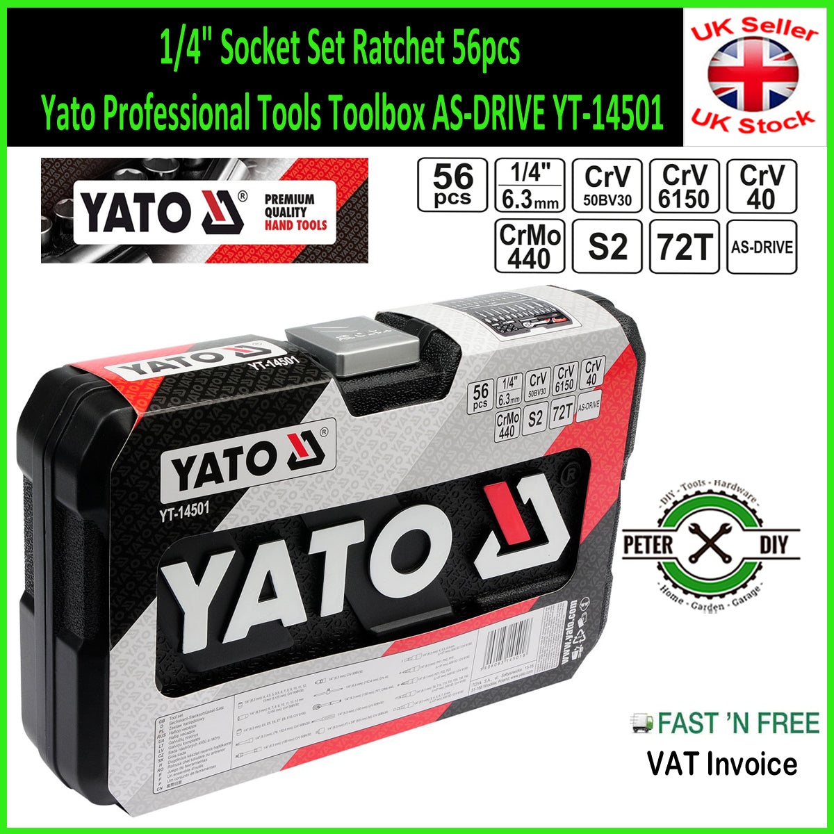 1/4" Socket Set Ratchet 56pcs Yato Professional Tools Toolbox AS-DRIVE YT-14501