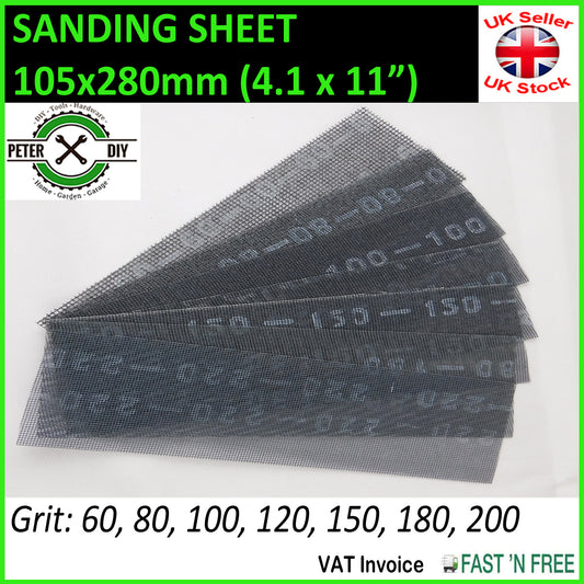 10 x SANDING SHEET Mesh Abrasive Strips Hand Sander METAL PLASTER 60-220 GRIT 105x280