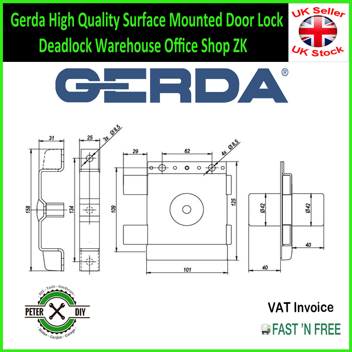 Gerda High Quality Surface Mounted Door Lock Deadlock Warehouse Office Shop ZK