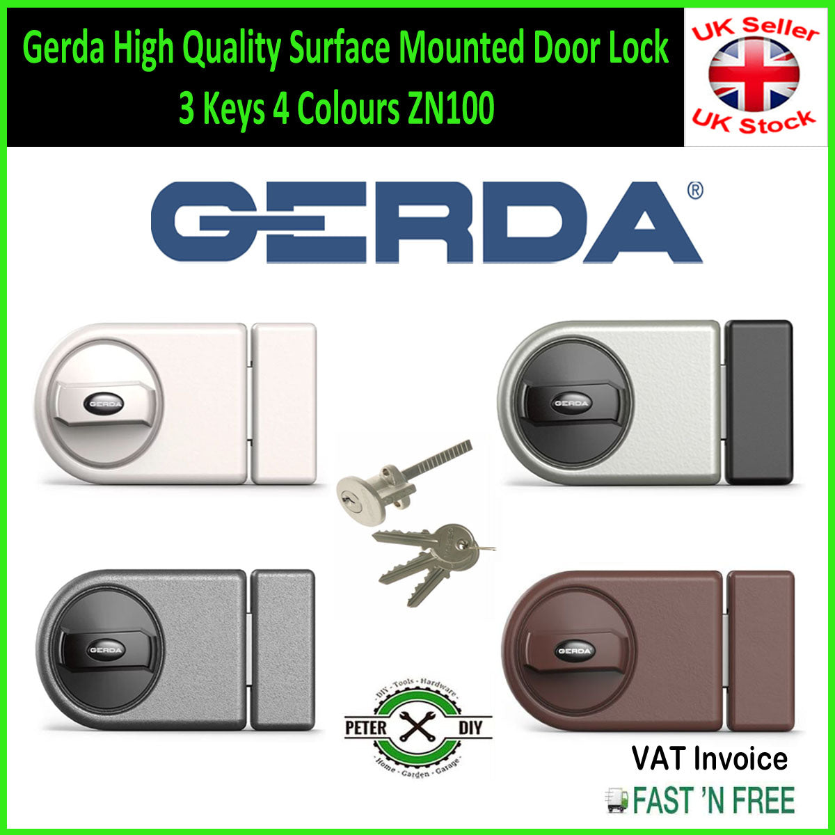 Gerda High Quality Surface Mounted Door Lock 3 Keys 4 Colours ZN100