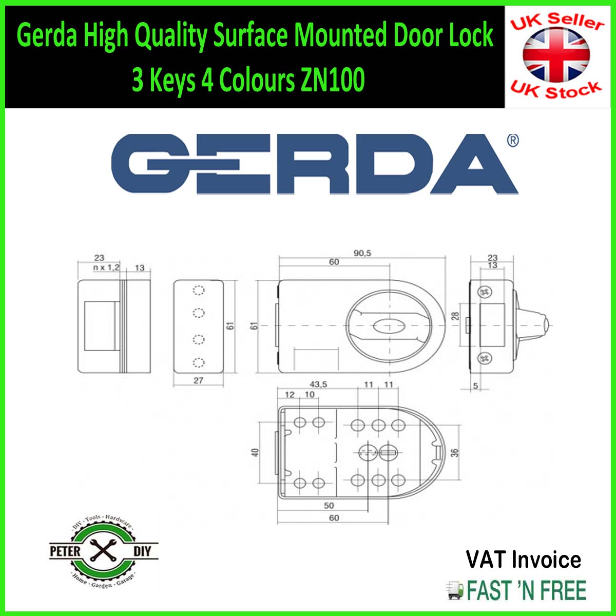 Gerda High Quality Surface Mounted Door Lock 3 Keys 4 Colours ZN100